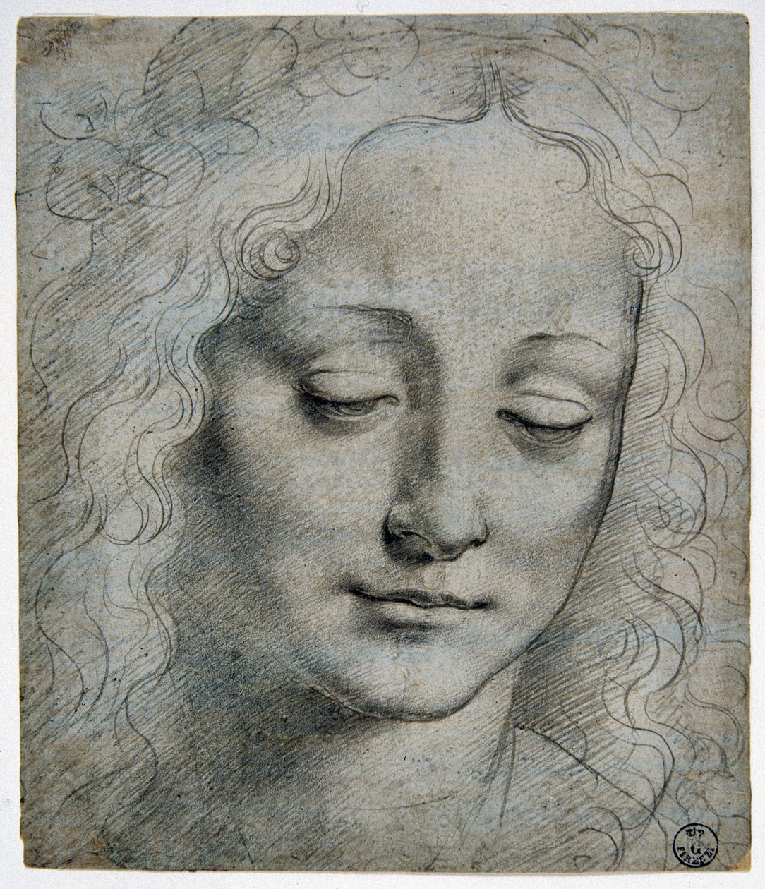 Giovanni Antonio Boltraffio (Beltraffio) (1467 - 1516) (nejznámější žák Leonarda da Vinci): hlava chlapecké koruny z listů na způsob Verrocchio, GDSU 425 E od Leonardo da Vinci