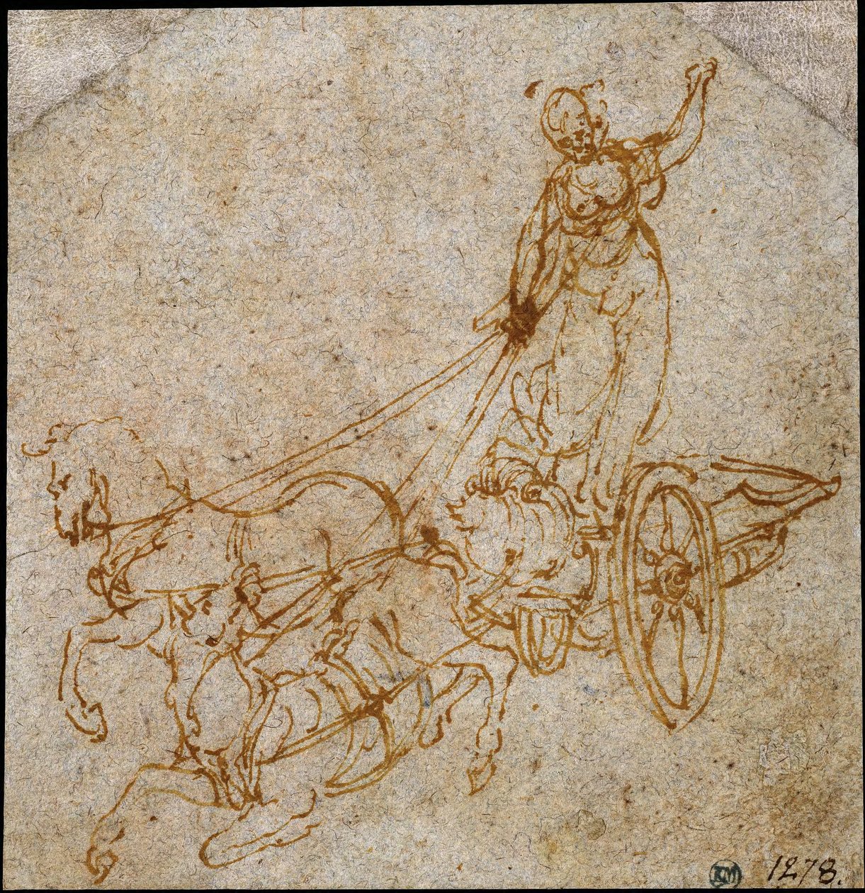 Bohyně stojící v kočáře taženém dvěma koňmi, z nichž jeden padá od Leonardo da Vinci