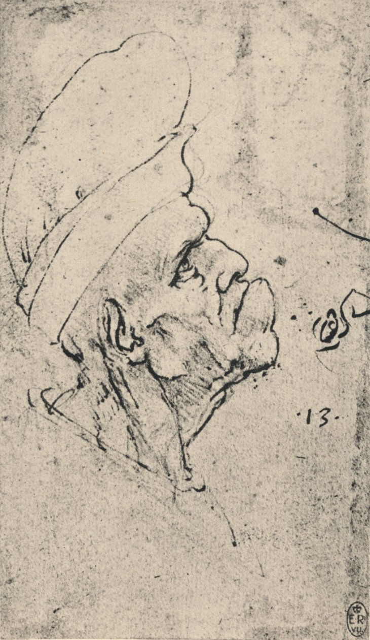 Groteskní profil muže s kloboukem napravo, c1480 1945 od Leonardo da Vinci