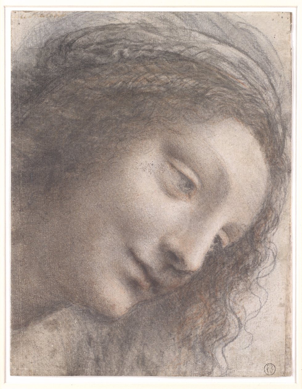 Head of Virgin, 1508-1512 (černá křída, dřevěné uhlí a červená křída, s některými stopami bílé křídy na kartě) od Leonardo da Vinci