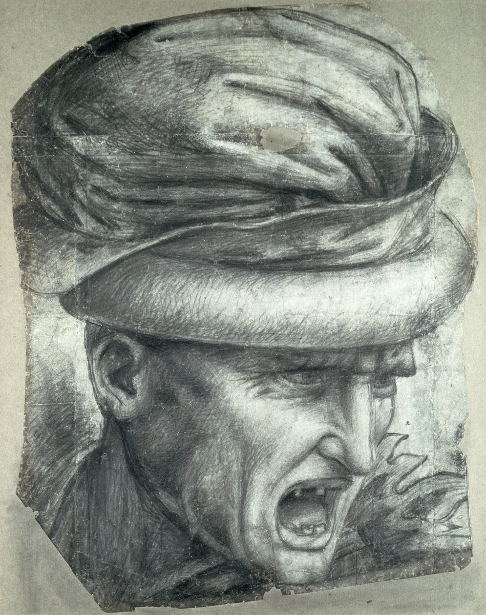 Hlava válečníka, kopie detailu z „Bitvy o Anghiari“ (černá křída na papíře) od Leonardo da Vinci