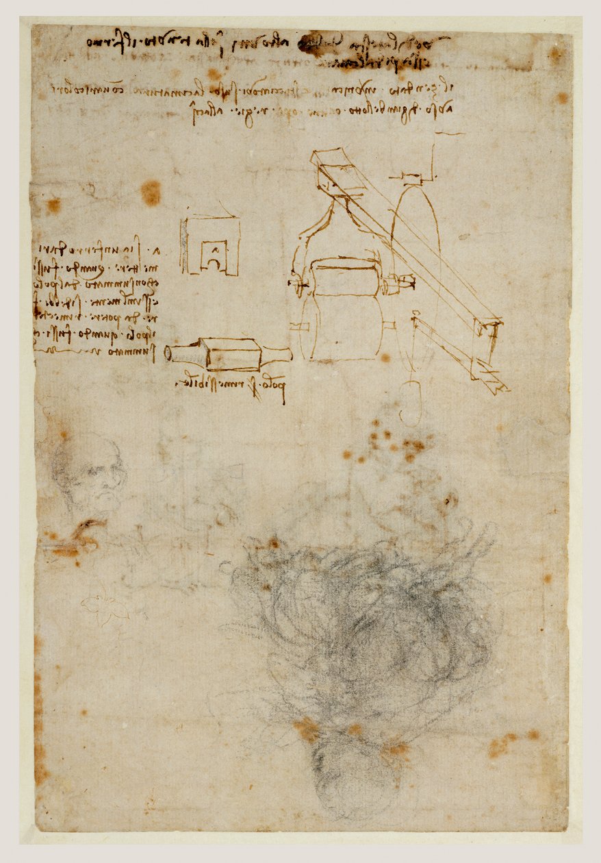 Head of an Old Man and Studies of Machinery, c.1503-06 (černá křída, pero a hnědý inkoust) od Leonardo da Vinci