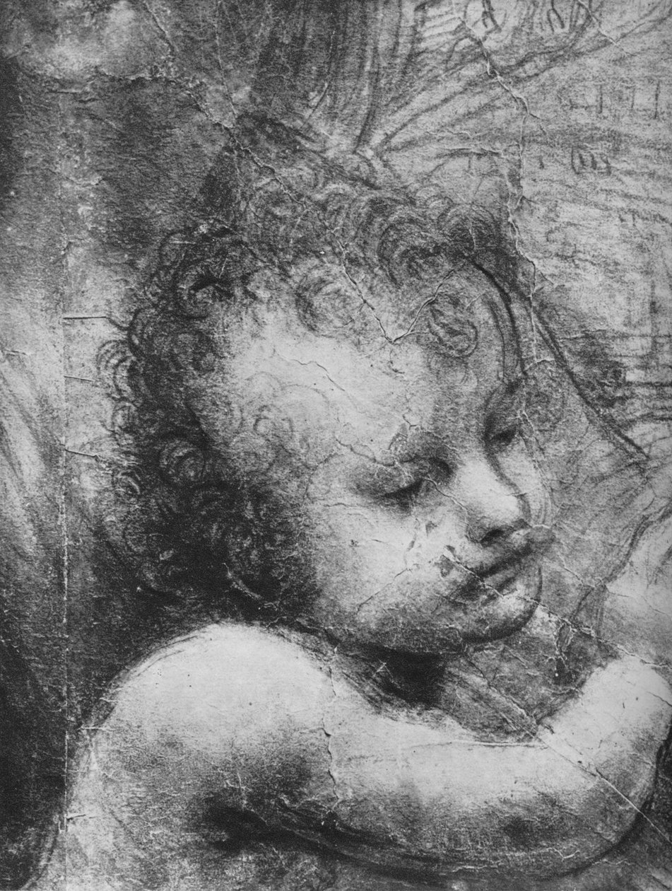 Hlava Jezulátka - Panna s dítětem se svatou Annou a Jezulátkem sv. Janem, c1480 1945 od Leonardo da Vinci