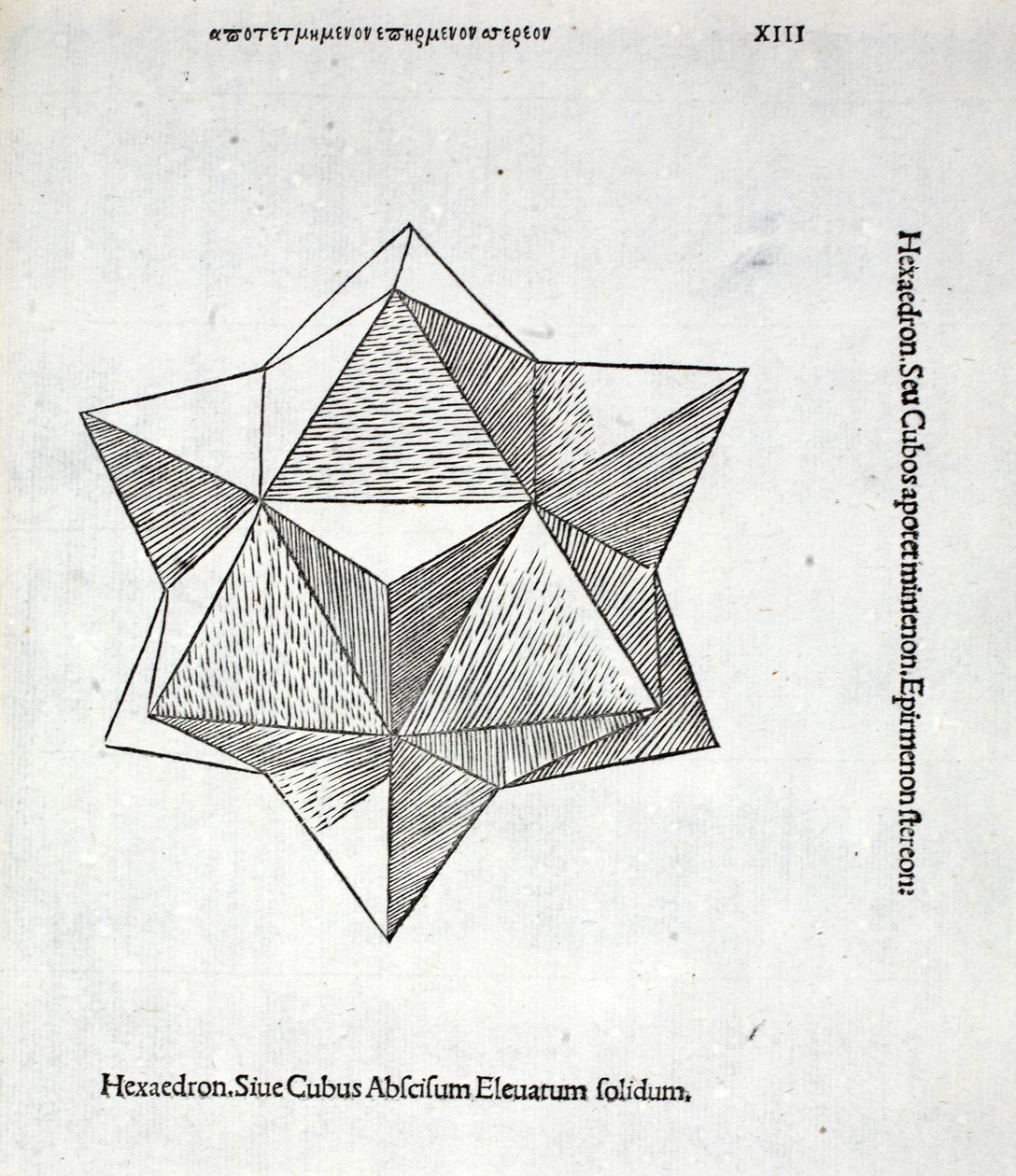 Hexaedron abscisum elevatum solidum, ilustrace z knihy "Divina Proportione" od Luky Pacioliho (asi 1445-1517), původně vyd. Benátky, 1509 od Leonardo da Vinci