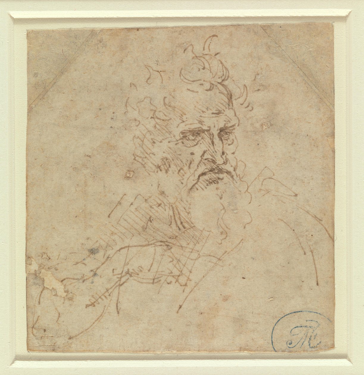 Hlava přísně se tvářícího šedivého muže s pravou paží od Leonardo da Vinci