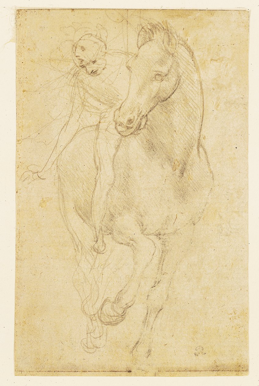 Kůň a jezdec, asi 1480 (stříbrná kresba na preparovaném papíře) od Leonardo da Vinci