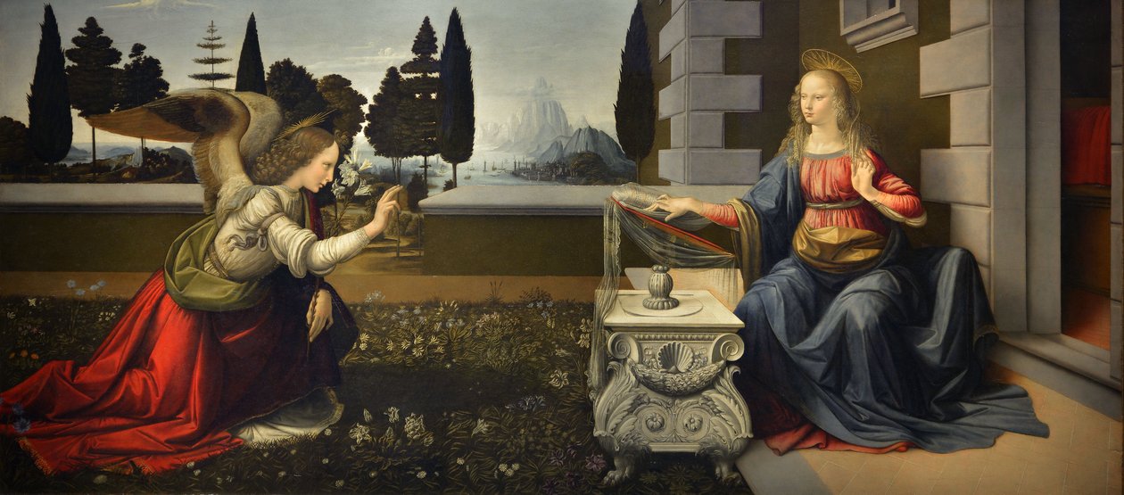 Italia Toscana Firenze, Uffizi-galleria: Annunciation, Leonardo da Vincin (1452-1519) maalaus, öljy puulle, n. 1472-1475, 98x217 cm od Leonardo da Vinci