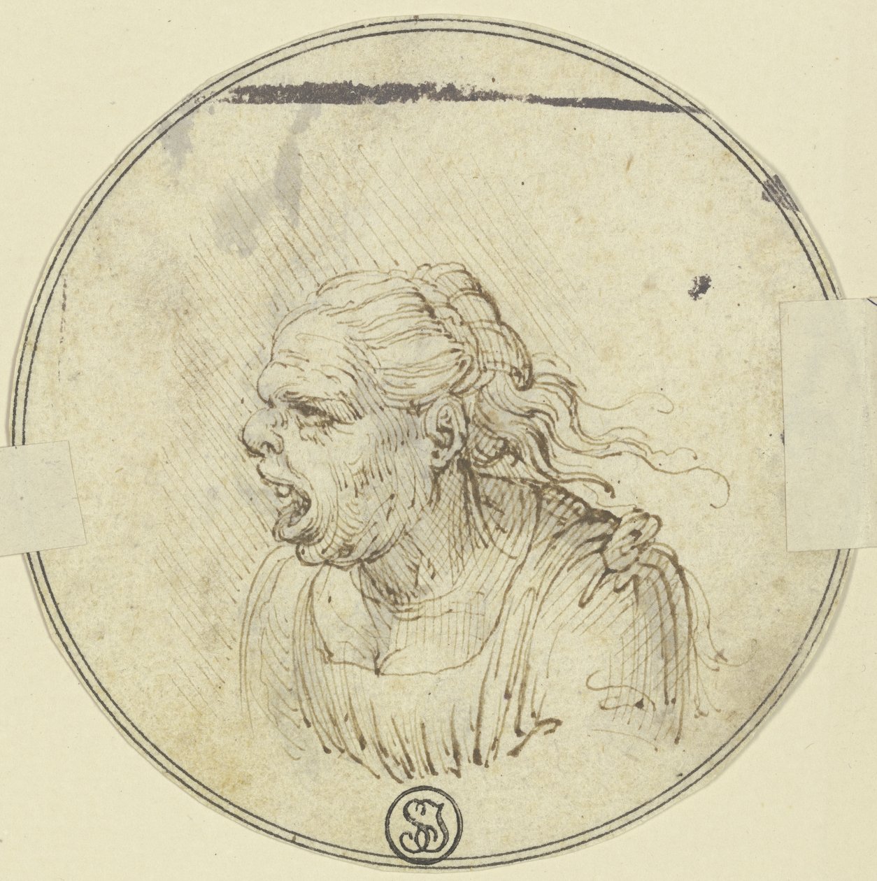 Karikatura ženy s otevřenými ústy, poprsí, v profilu doleva od Leonardo da Vinci