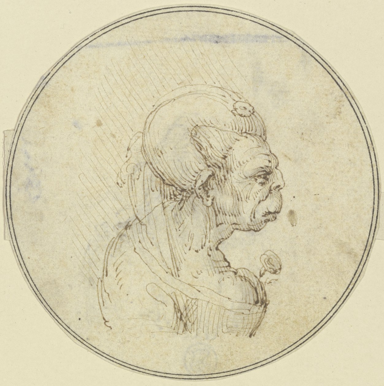Karikatura staré ženy, poprsí s růží v náručí, v profilu doprava od Leonardo da Vinci
