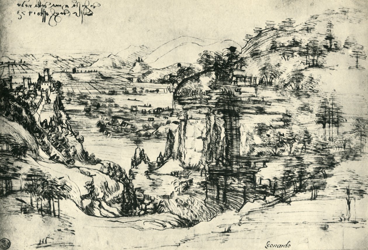 Kresba krajiny pro Santa Maria della Neve 5. srpna 1473, 1943. od Leonardo da Vinci