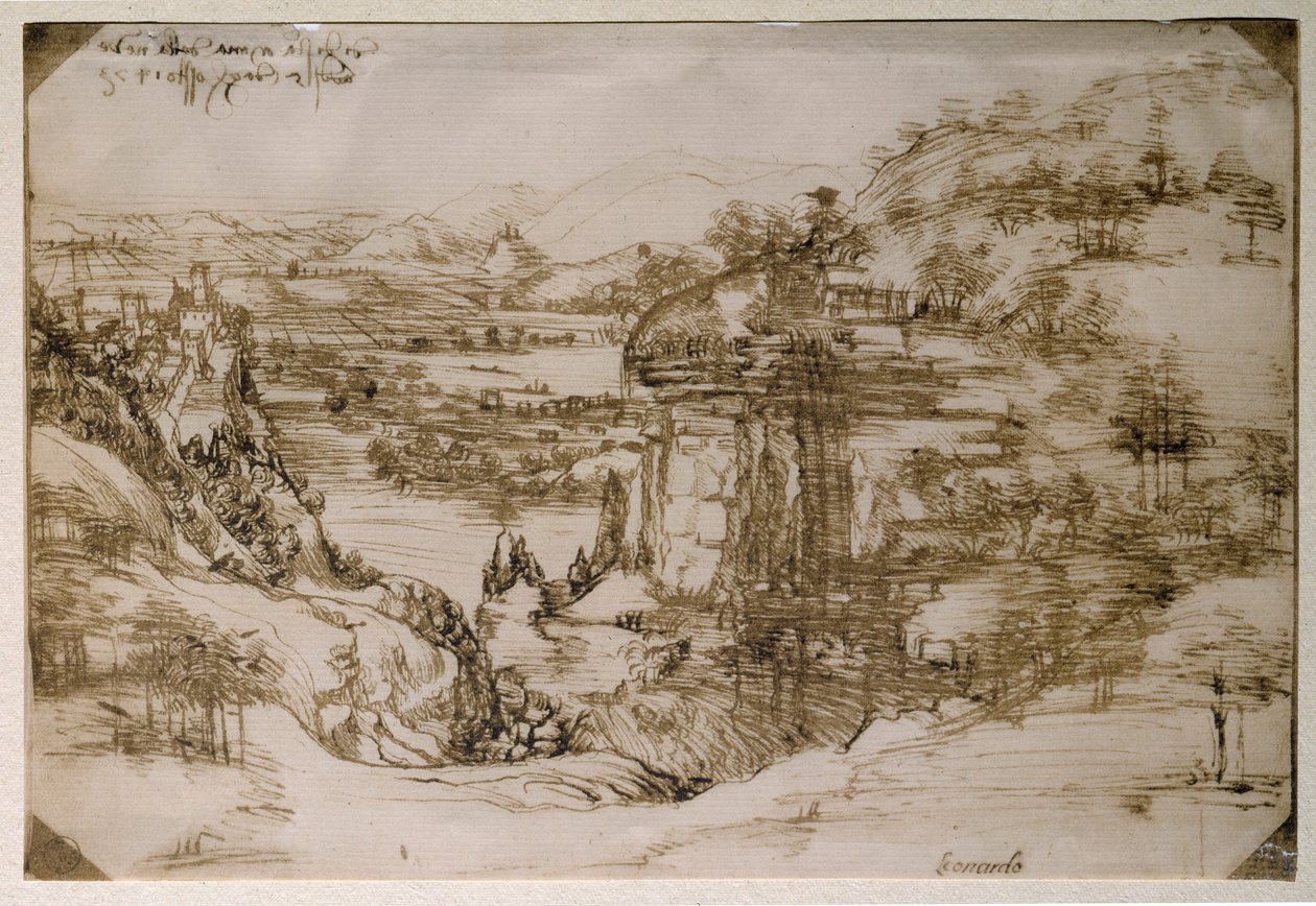 Krajina Santa Maria della Neve: krajina údolí Arno (kresba tužkou od Leonardo da Vinci