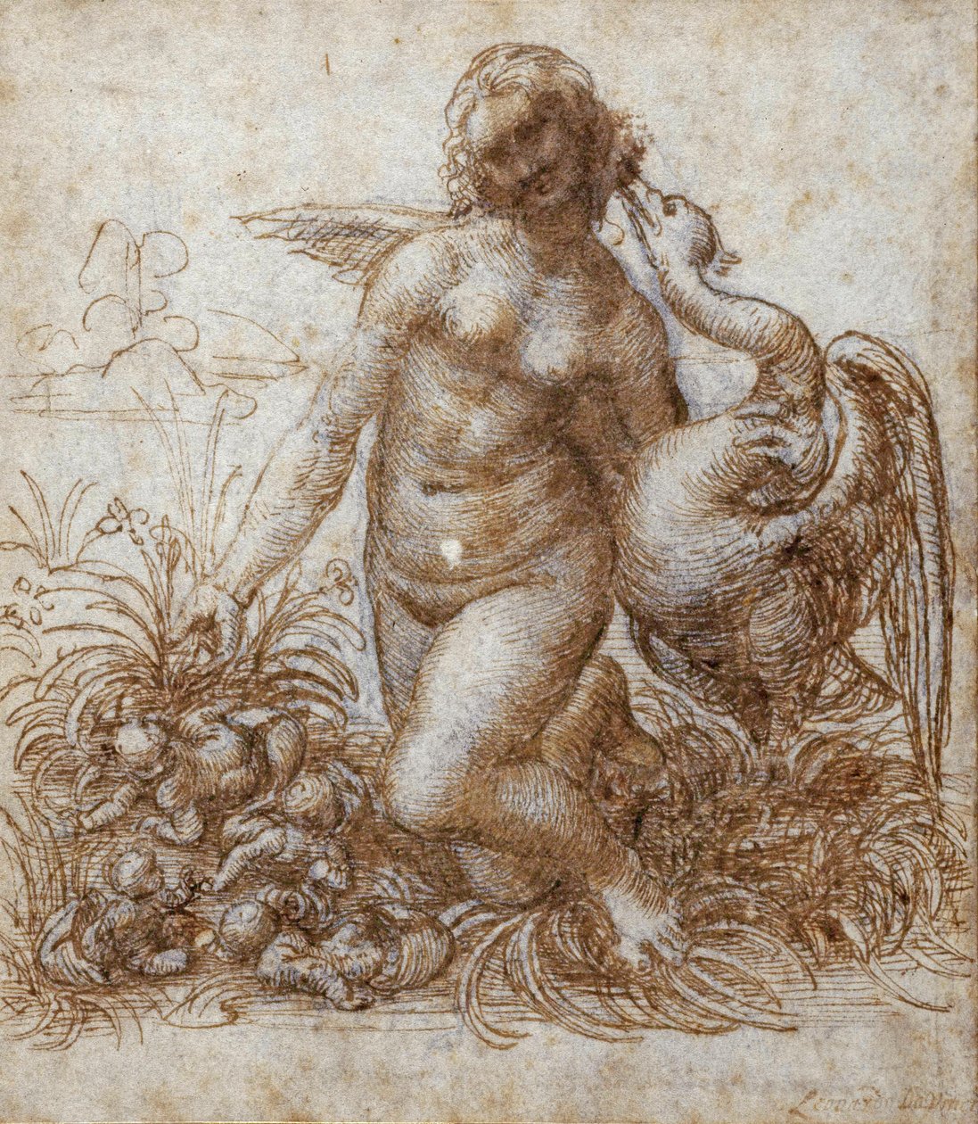 Leda a labuť (pero a hnědý inkoust přes černou křídu na papíře) od Leonardo da Vinci
