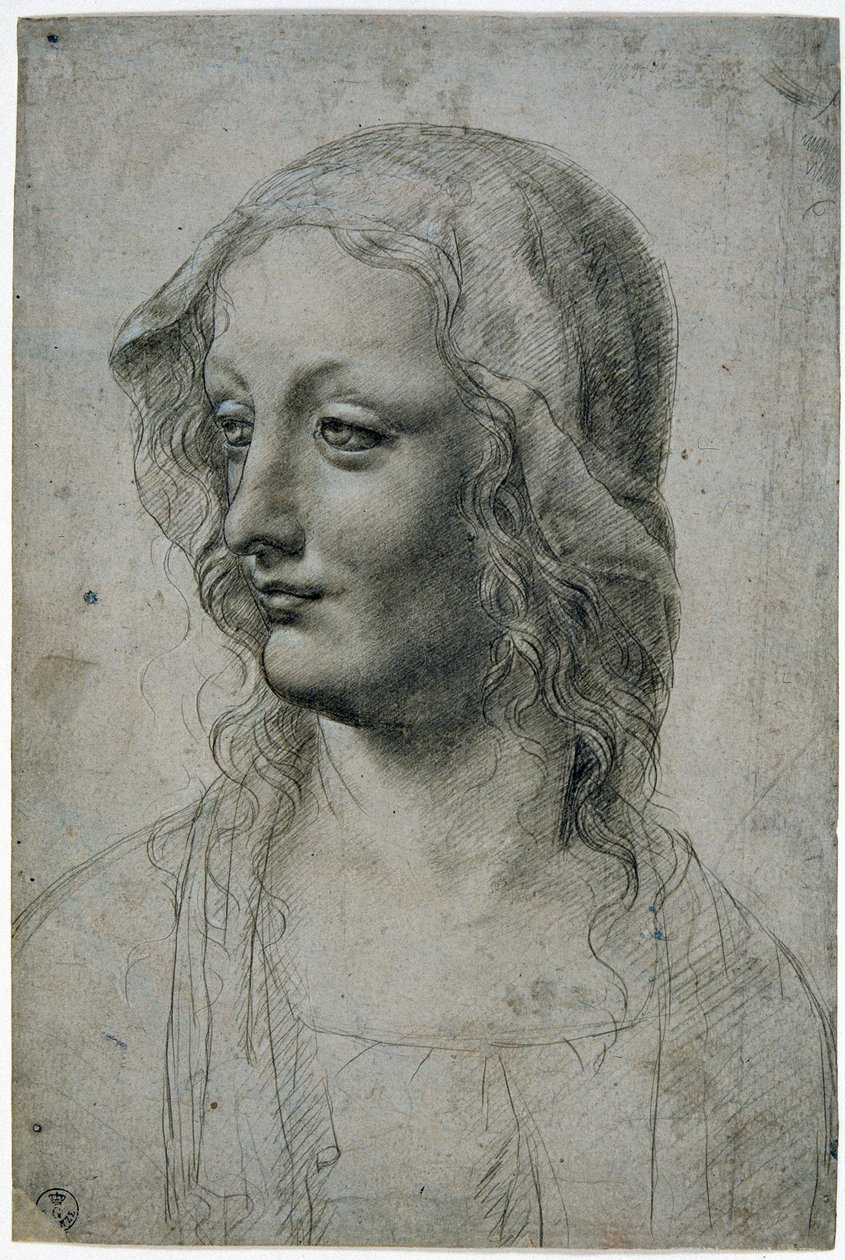 Maestro della Pala Sforzesca (milánský žák Leonarda da Vinci), ženská hlava se závojem snad studie pro Pannu Marii, GDSU 426 E od Leonardo da Vinci