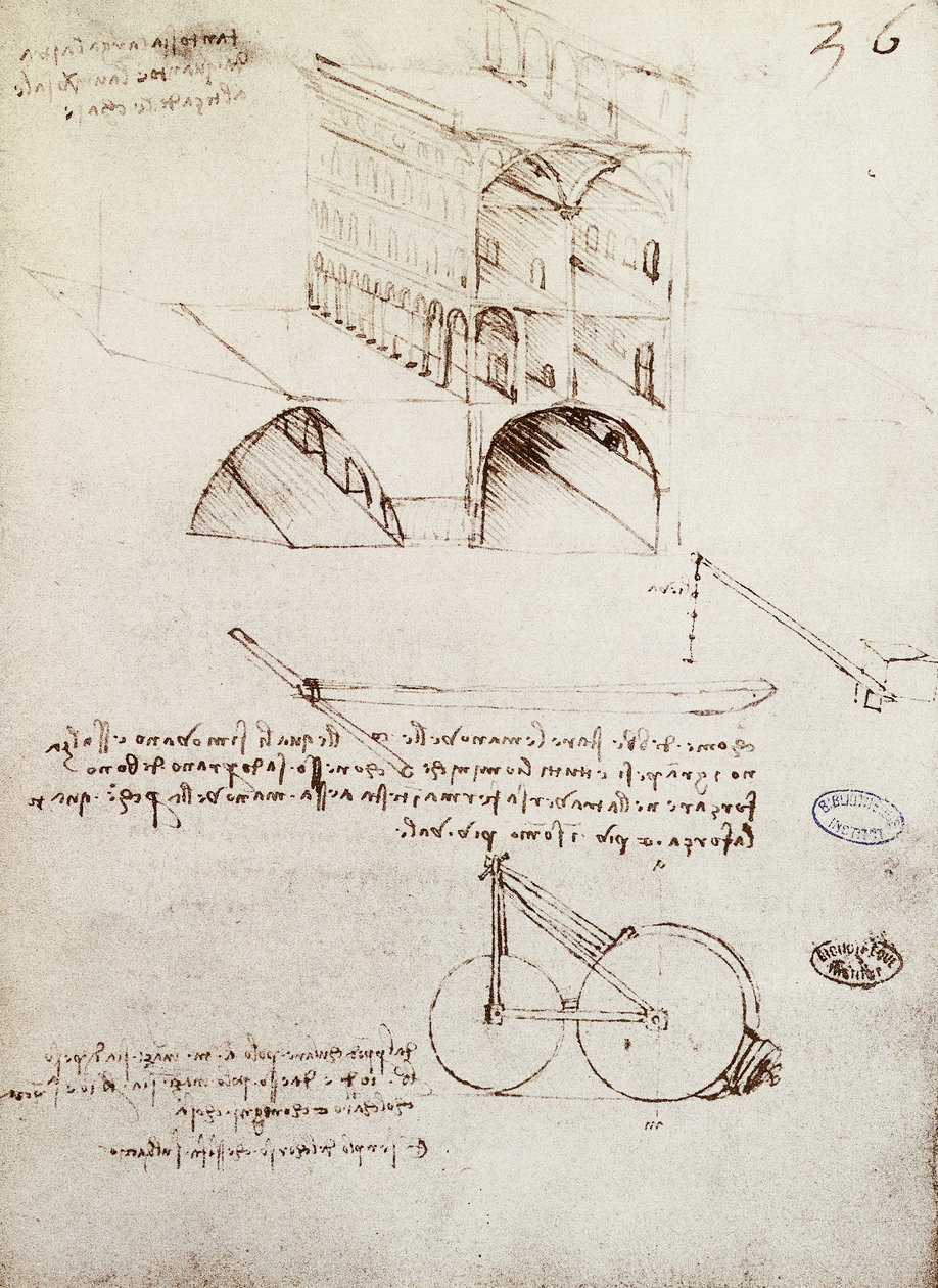 Rukopis B, f 36 r Architektonické studie, vývoj a části budov ve městě s vyvýšenými ulicemi (pero & inkoust na papíře) od Leonardo da Vinci
