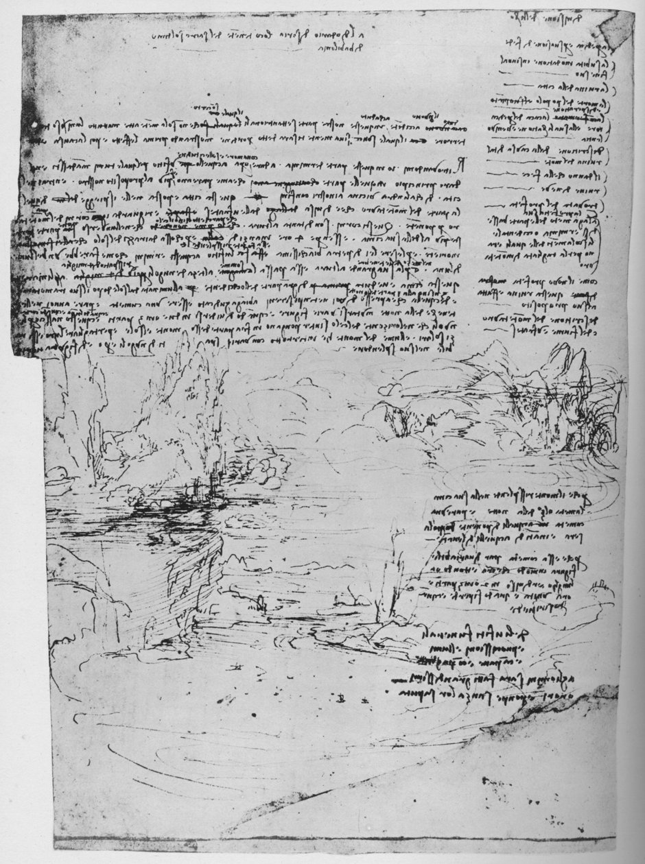 Stránka textu s náčrtky krajiny, c1480 1945 od Leonardo da Vinci