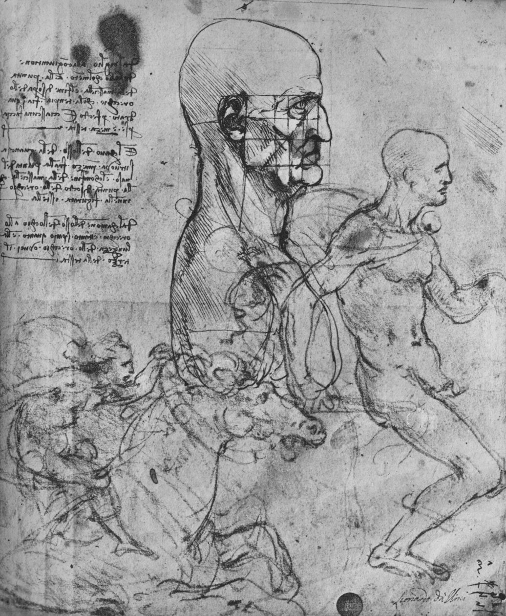 Profil muže čtvercového pro proporce a studie jezdců, c1480 1945 od Leonardo da Vinci