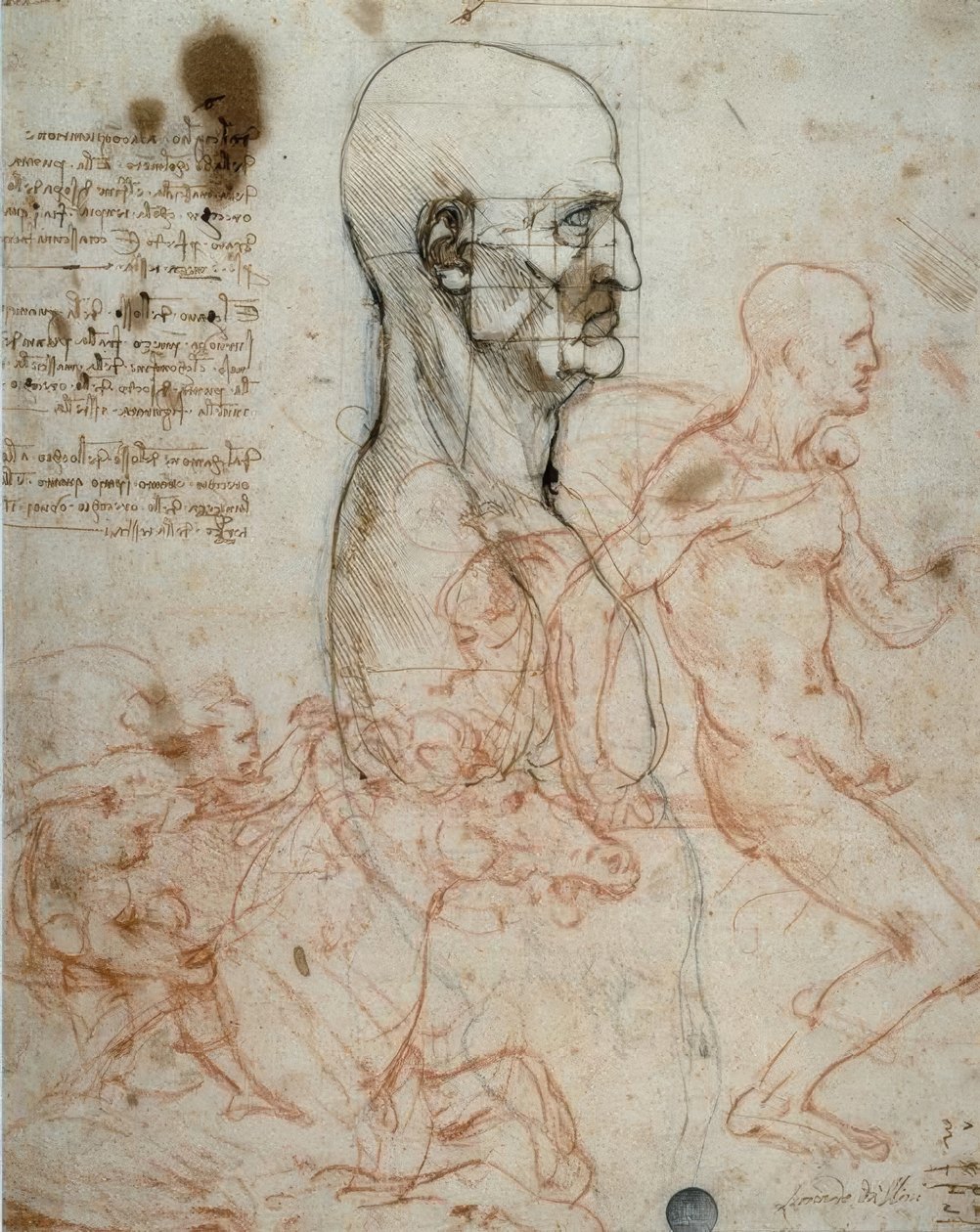Proporční schéma lidské hlavy a jezdecká studia od Leonardo da Vinci