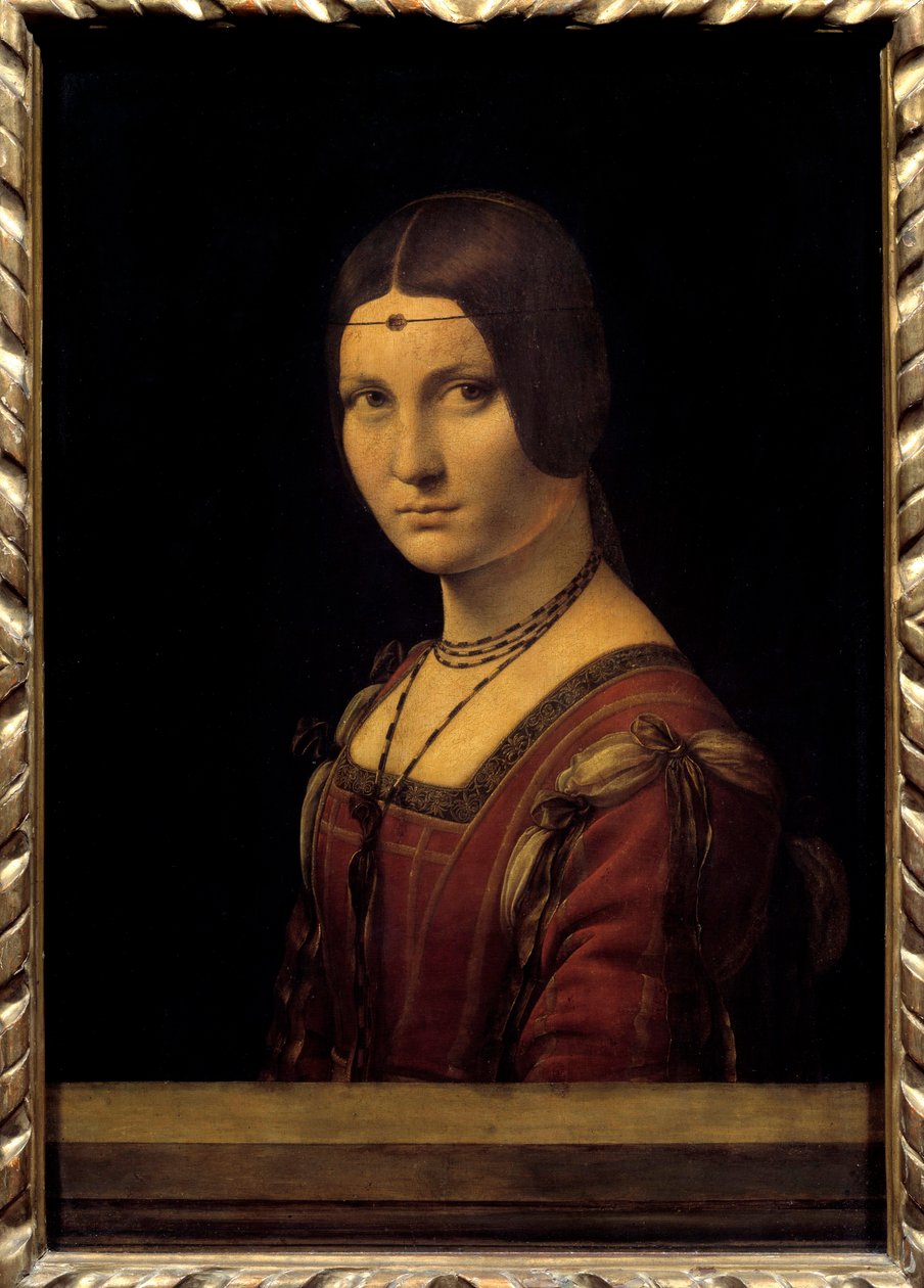 Ritratto di dama. Portrét dámy z milánského dvora, mylně řečeno ""krásné kování""". Obraz Leonarda da Vinci (Leonardo da Vinci) (1452-1519) 15. století Sun. 0,63x0,45m. - Ritratto di dama. Portrét milánské dvorní dámy w od Leonardo da Vinci