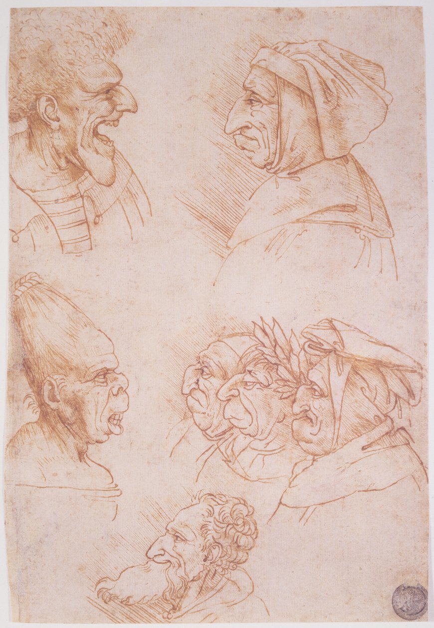 Sedm studií groteskních tváří (červená křída na papíře) od Leonardo da Vinci