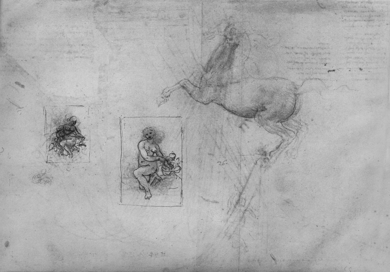 Náčrtky pro klečící Ledu a koně, c1480 1945 od Leonardo da Vinci