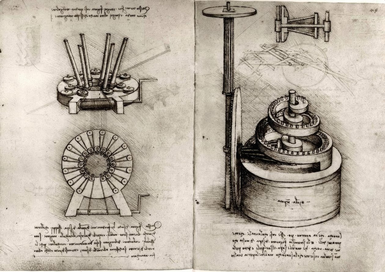 Studium mechaniky; pravá hnací pružina hodin od Leonardo da Vinci