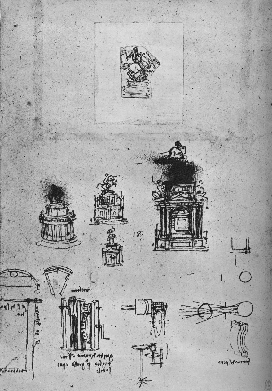 Studie pro jezdecký památník a studie strojního zařízení, c1480 1945 od Leonardo da Vinci