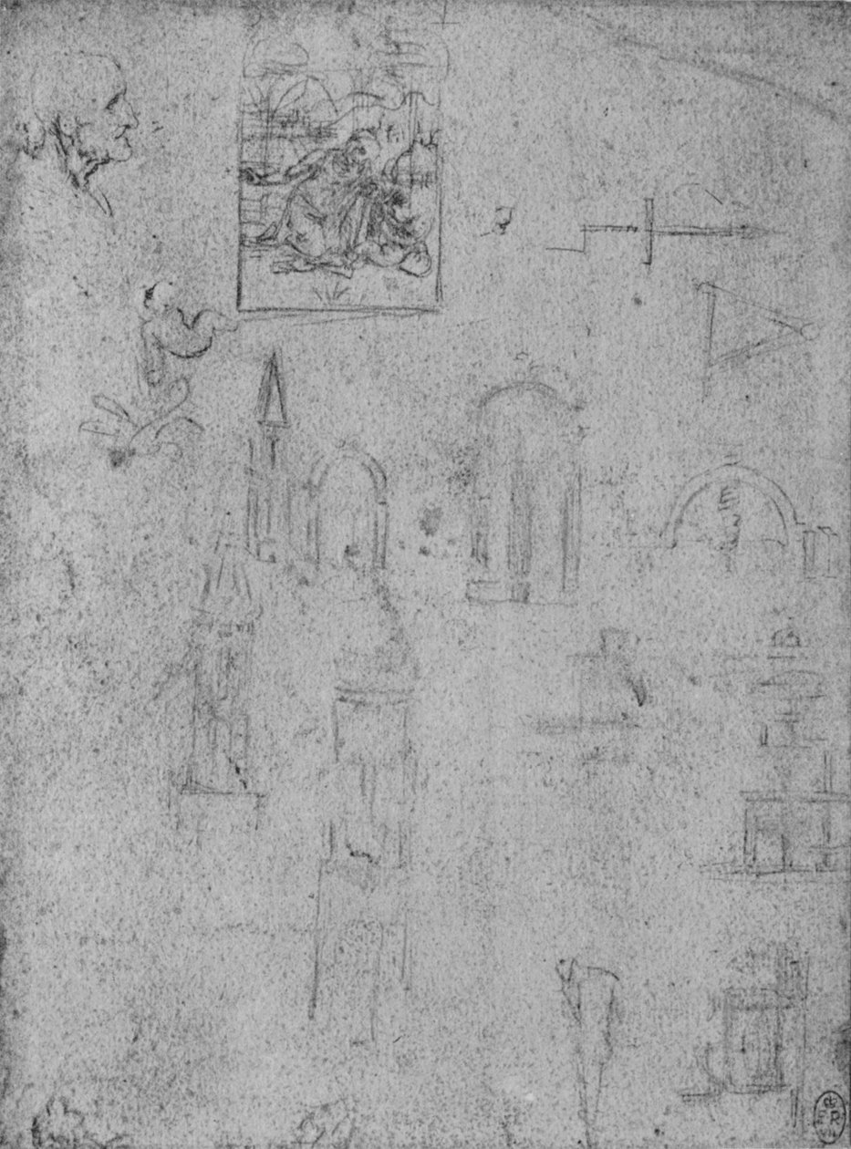 Studie architektury a Panny adorující Jezulátko, c1480 1945 od Leonardo da Vinci