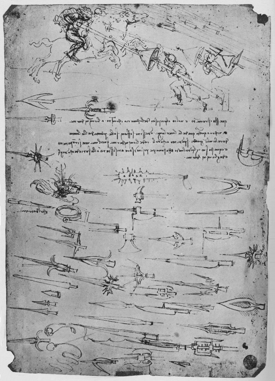 Studie pěších vojáků útočících na jezdce kopími, na které štíty, c1480, 1945 od Leonardo da Vinci