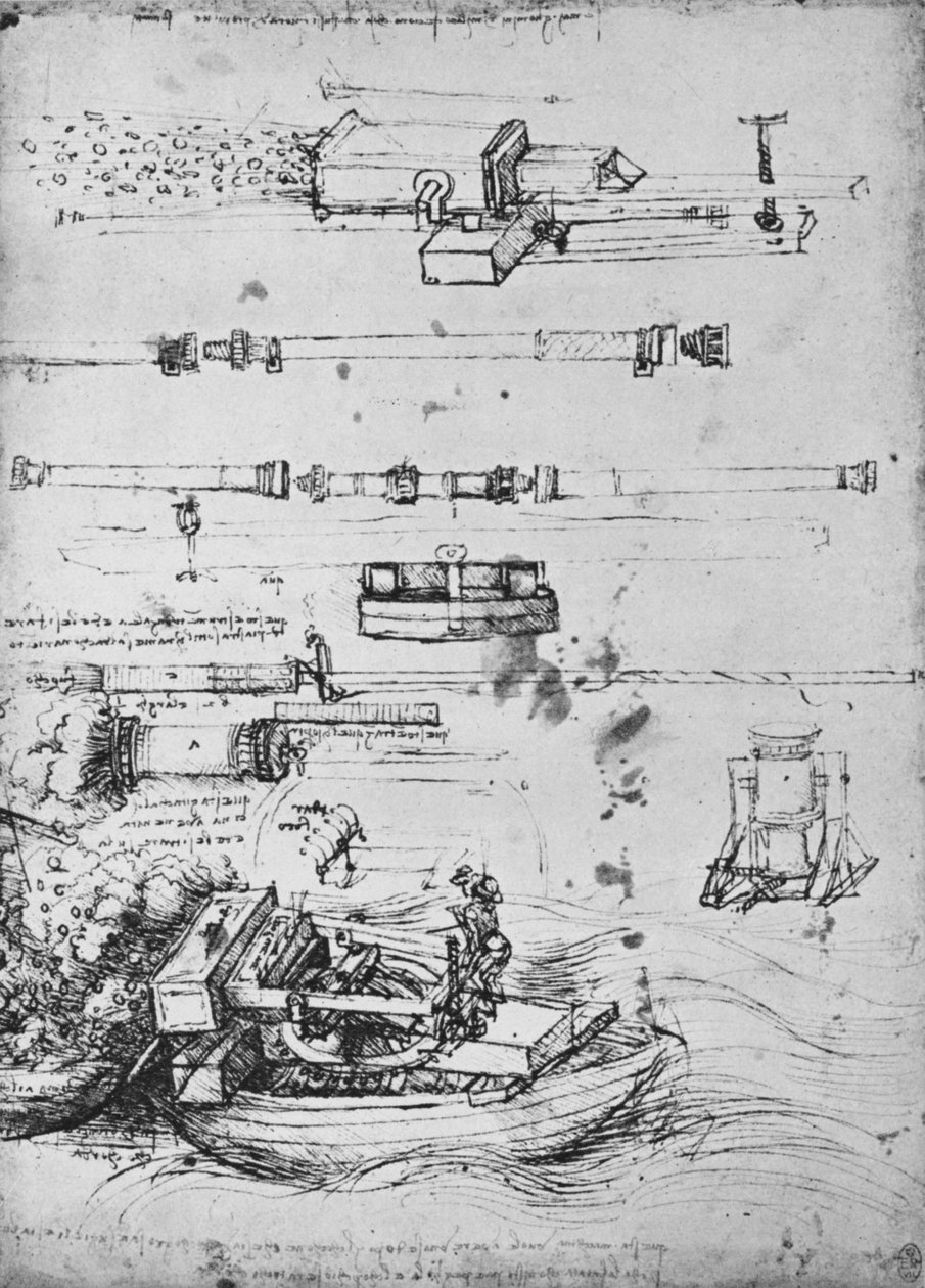 Studie minometů, jedna střelba z člunu a Canon, c1480 1945 od Leonardo da Vinci