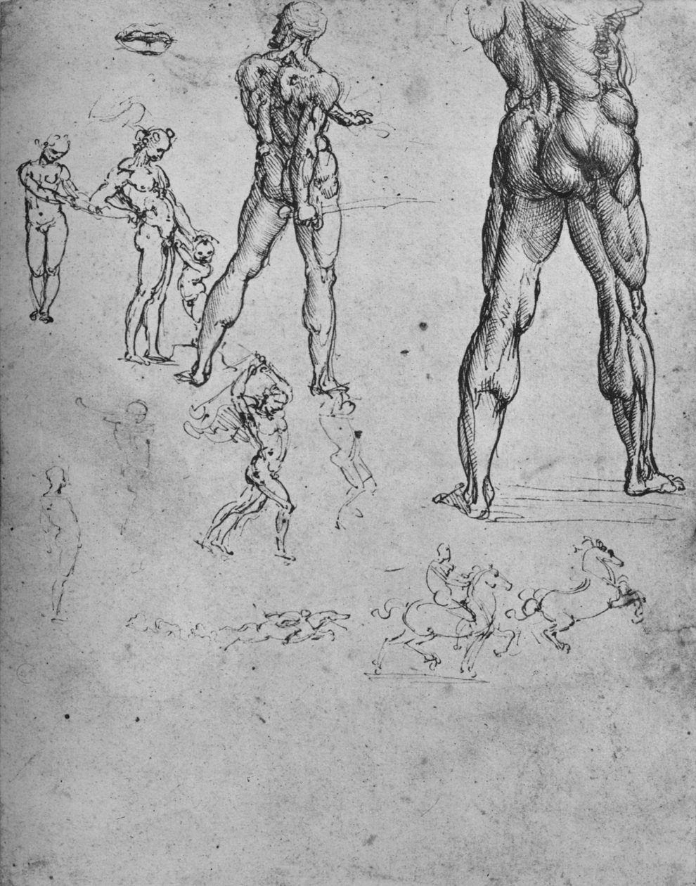 Studie nahého vojáka s mečem a menšími náčrty, c1480 1945 od Leonardo da Vinci