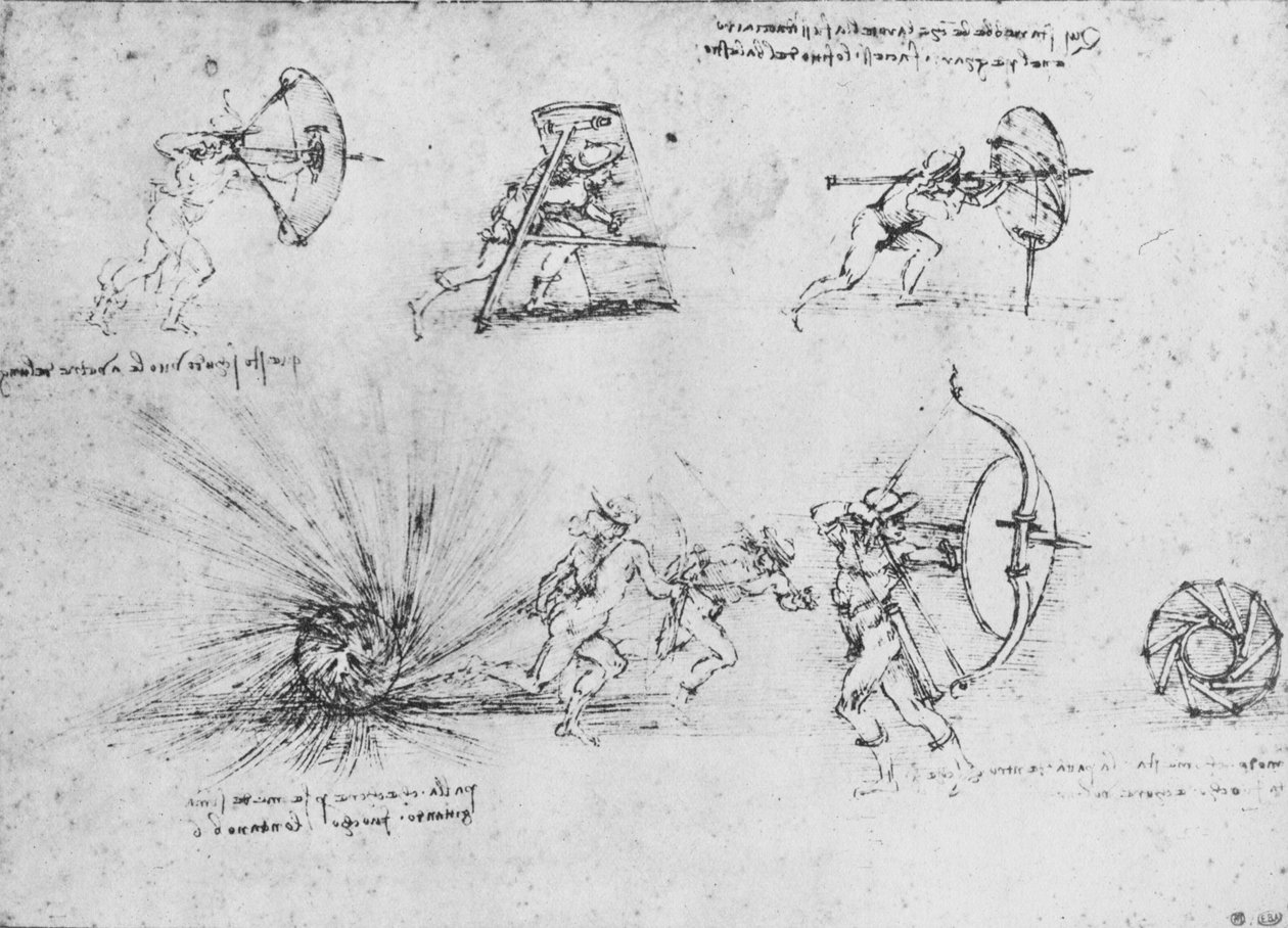 Studie štítů na ochranu pěšáků a výbuchu bomby, c1480 1945 od Leonardo da Vinci