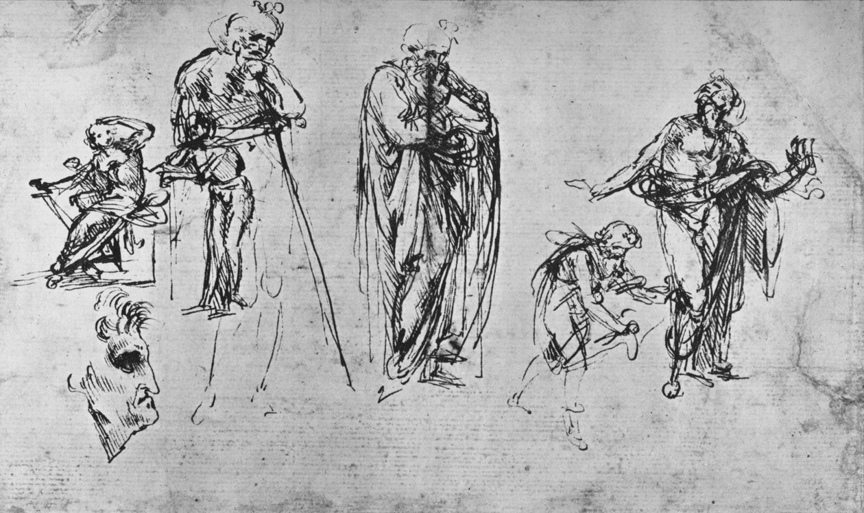 Studie jednotlivých čísel a profilu, c1480 1945 od Leonardo da Vinci