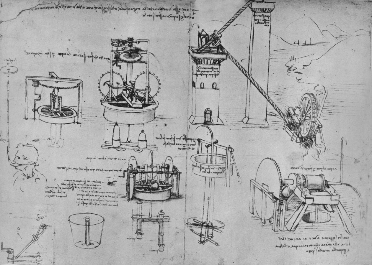 Studie sacích čerpadel, Archimedových trubic atd., c1480 1945 od Leonardo da Vinci