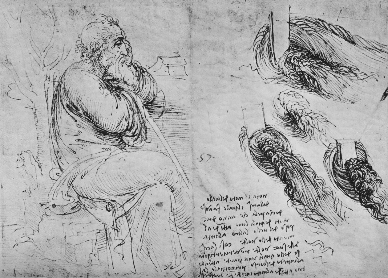 Studie starého muže sedícího a vířící vody, c1480 1945 od Leonardo da Vinci