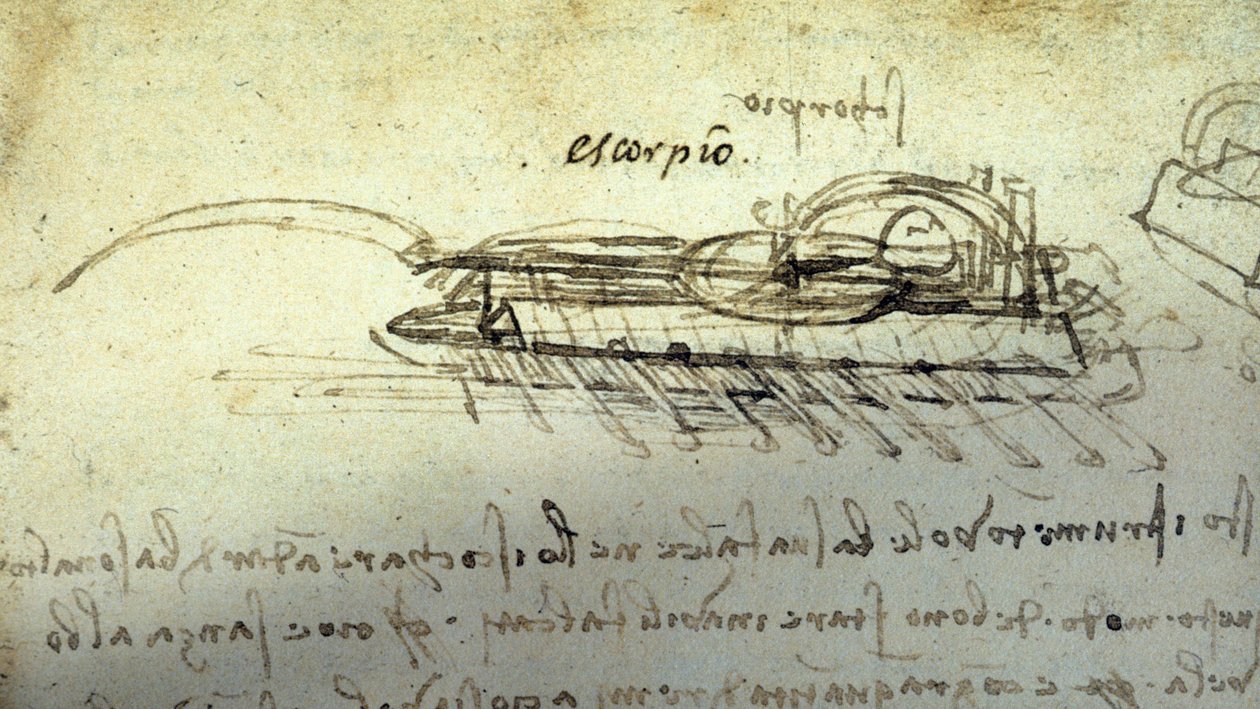 Studie pro válečnou mašinérii Escorpio od Leonarda de Vinci (Leonardo da Vinci) (1452 - 1519). Kresba perem a inkoustem. od Leonardo da Vinci