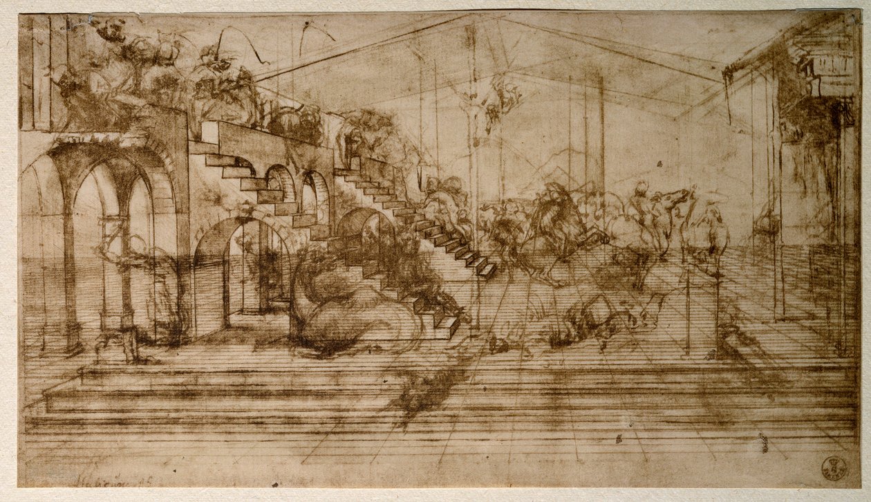 Studie ke klanění tří králů (kresba tužkou od Leonardo da Vinci