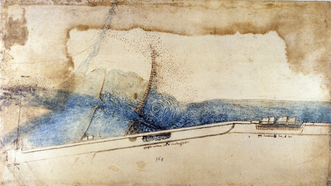Studie o využití vodní síly v hydraulických strojích (noria) od Leonarda de Vinci (Leonardo da Vinci) (1452-1519). Kresba perem a inkoustem. od Leonardo da Vinci