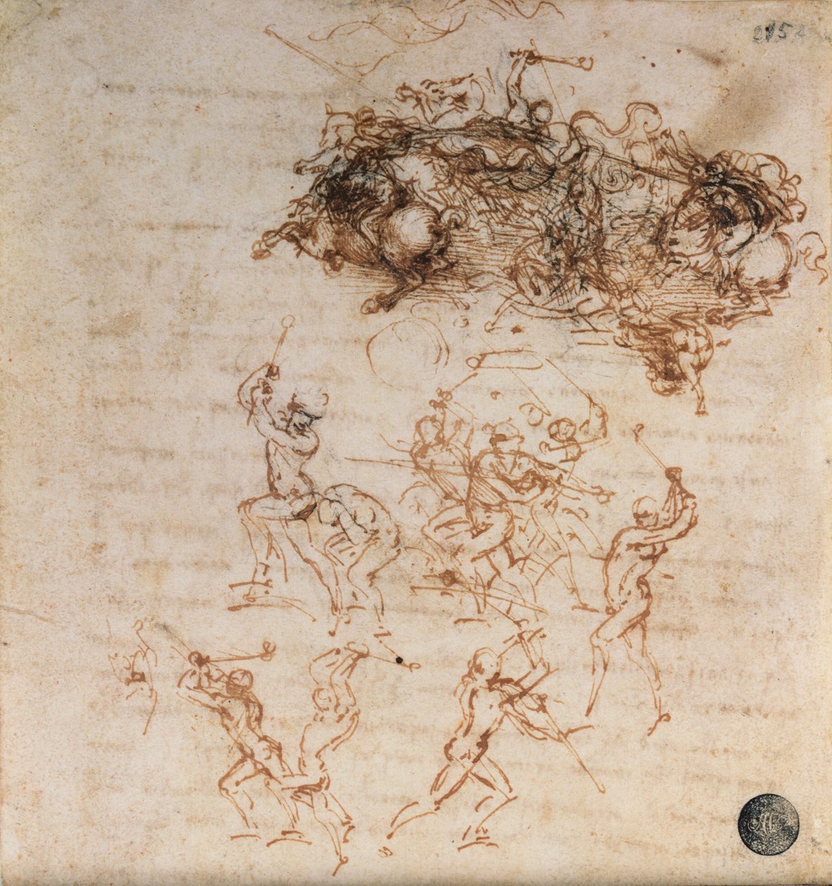 Studie of Horsemen in Combat and Foot Soldiers, 1503 (pero a inkoust na papíře) od Leonardo da Vinci