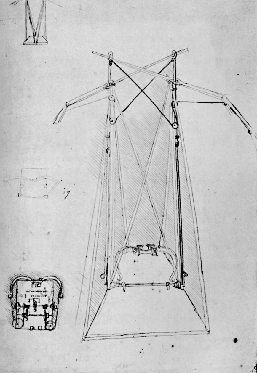 Studie hnacího aparátu létajícího stroje s půdorysem mechanismu základny, 1928 od Leonardo da Vinci
