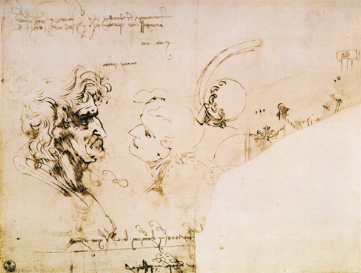 Studium dvou hlav v profilu a studiu strojů od Leonardo da Vinci