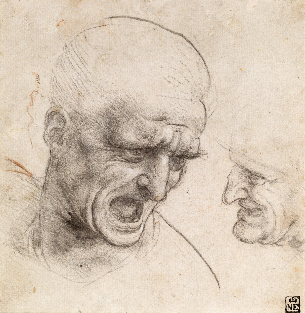 Studie hlav dvou bojovníků pro bitvu u Anghiari od Leonardo da Vinci