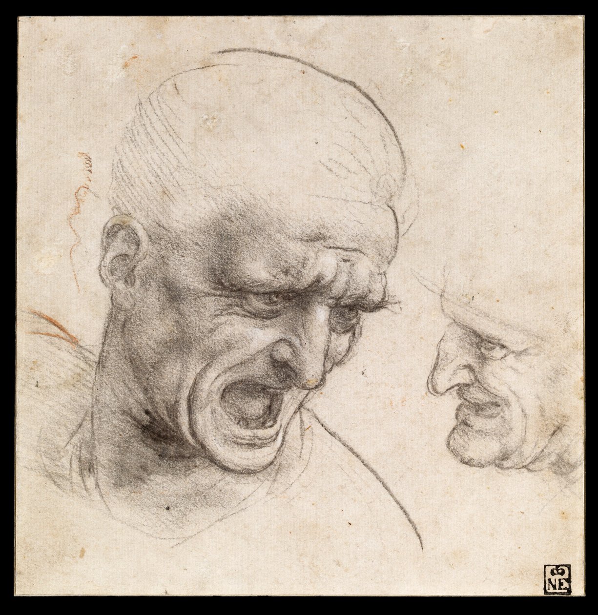 Studie hlav dvou bojovníků pro bitvu u Anghiari od Leonardo da Vinci
