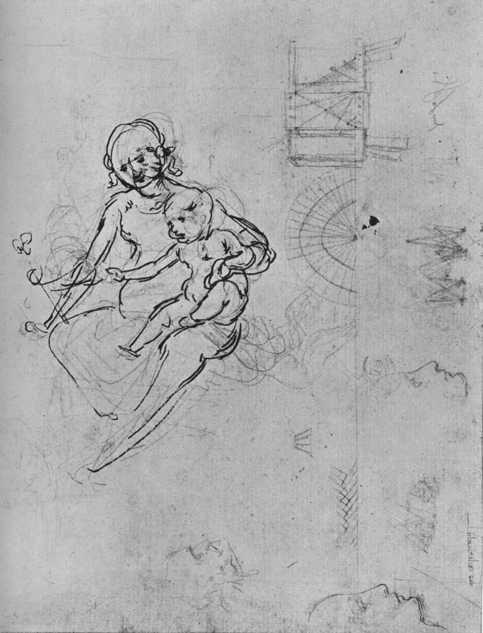 Studie Madony s dítětem, profilů a strojů, 1478-1480 1945. od Leonardo da Vinci