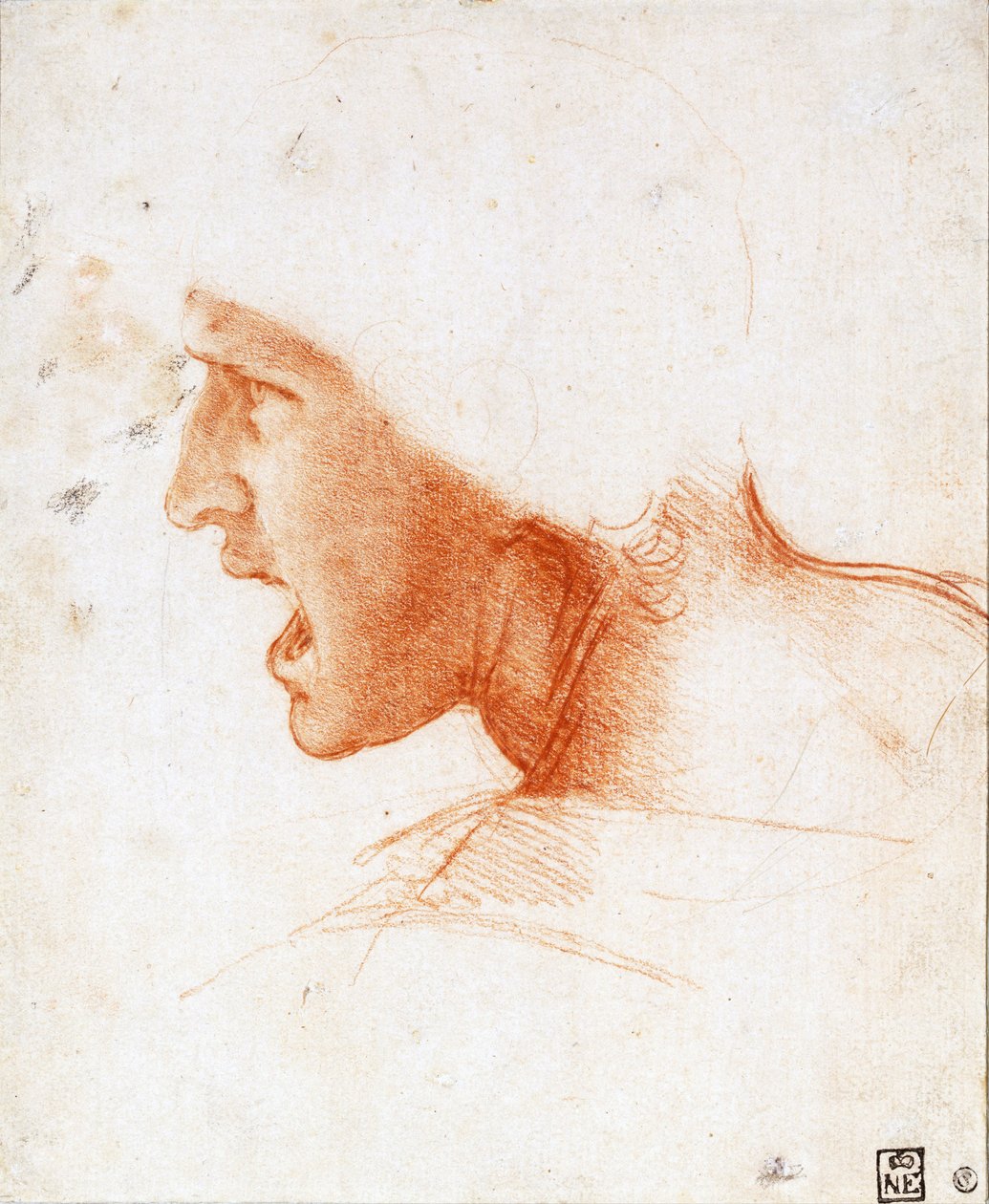 Studie hlavy válečníka pro bitvu u Anghiari - Leonardo da Vinci (1452-1519) - 1504-1505 - Sanguine na papíře - 22,6x18,6 - Szepmuveszeti Muzeum, Budapešť od Leonardo da Vinci