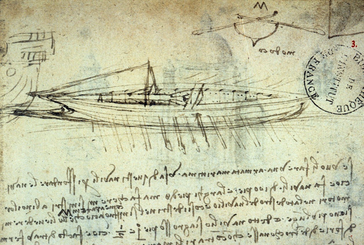 Studie lodi vybavené řadou vesel od Leonarda de Vinci (Leonardo da Vinci) (1452 - 1519). Kresba perem a inkoustem. Rukopis. Knihovna Institut de France. Paříž. od Leonardo da Vinci