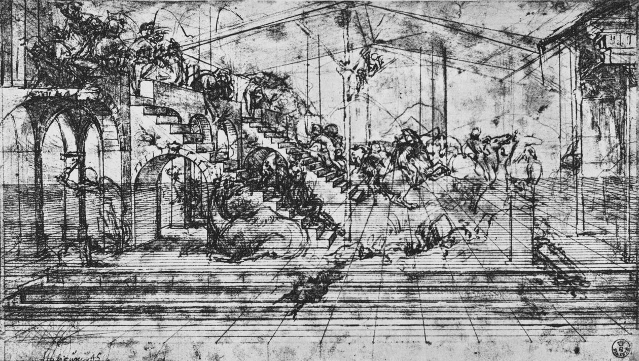 Studie o perspektivě pozadí klanění tří králů, 1481 1945 od Leonardo da Vinci