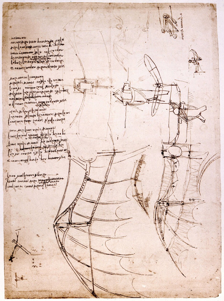 Studie na křídlech. Codex Atlantic. Atlantický kodex, kresba Leonarda de Vinci (Leonardo da Vinci) kolem roku 1499. od Leonardo da Vinci