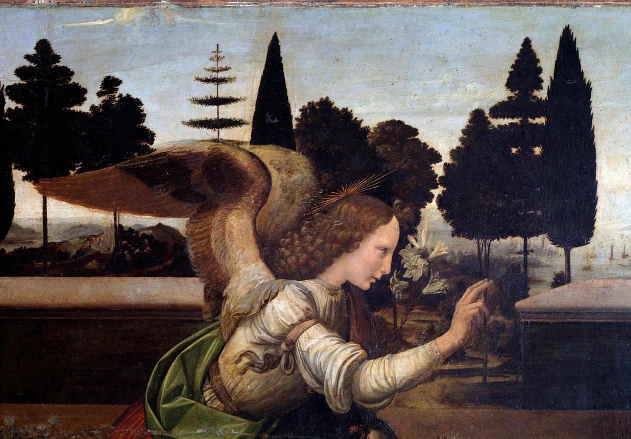 Zvěstování, detail anděla - olej na dřevě od Leonardo da Vinci