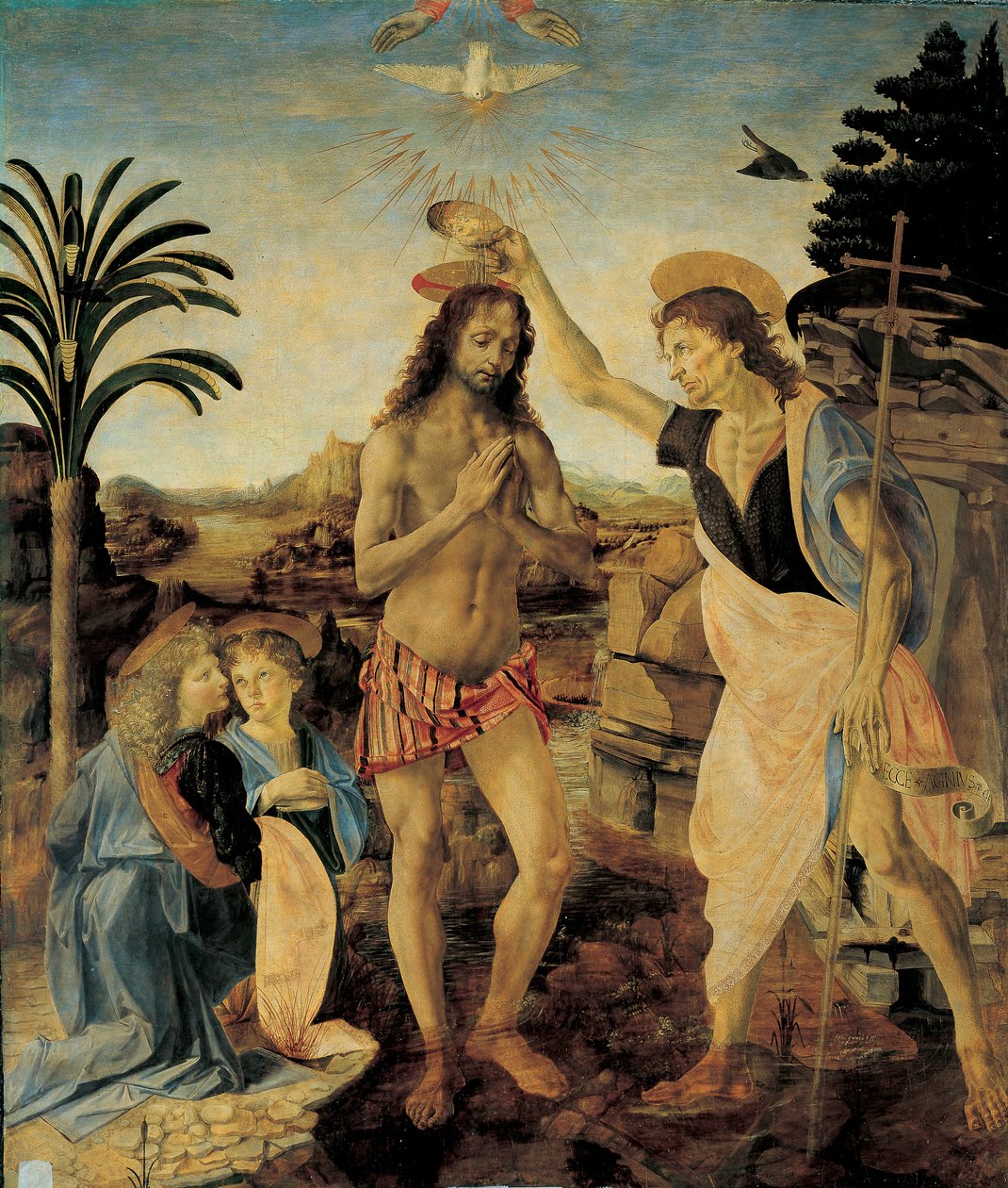 Křest Krista kolem 1475 - 1478 od Andrea del Verrocchio (1436-1488) a Leonardo da Vinci (Leonard z Vinci) (1452-1516), Olej a tempera na dřevě od Leonardo da Vinci