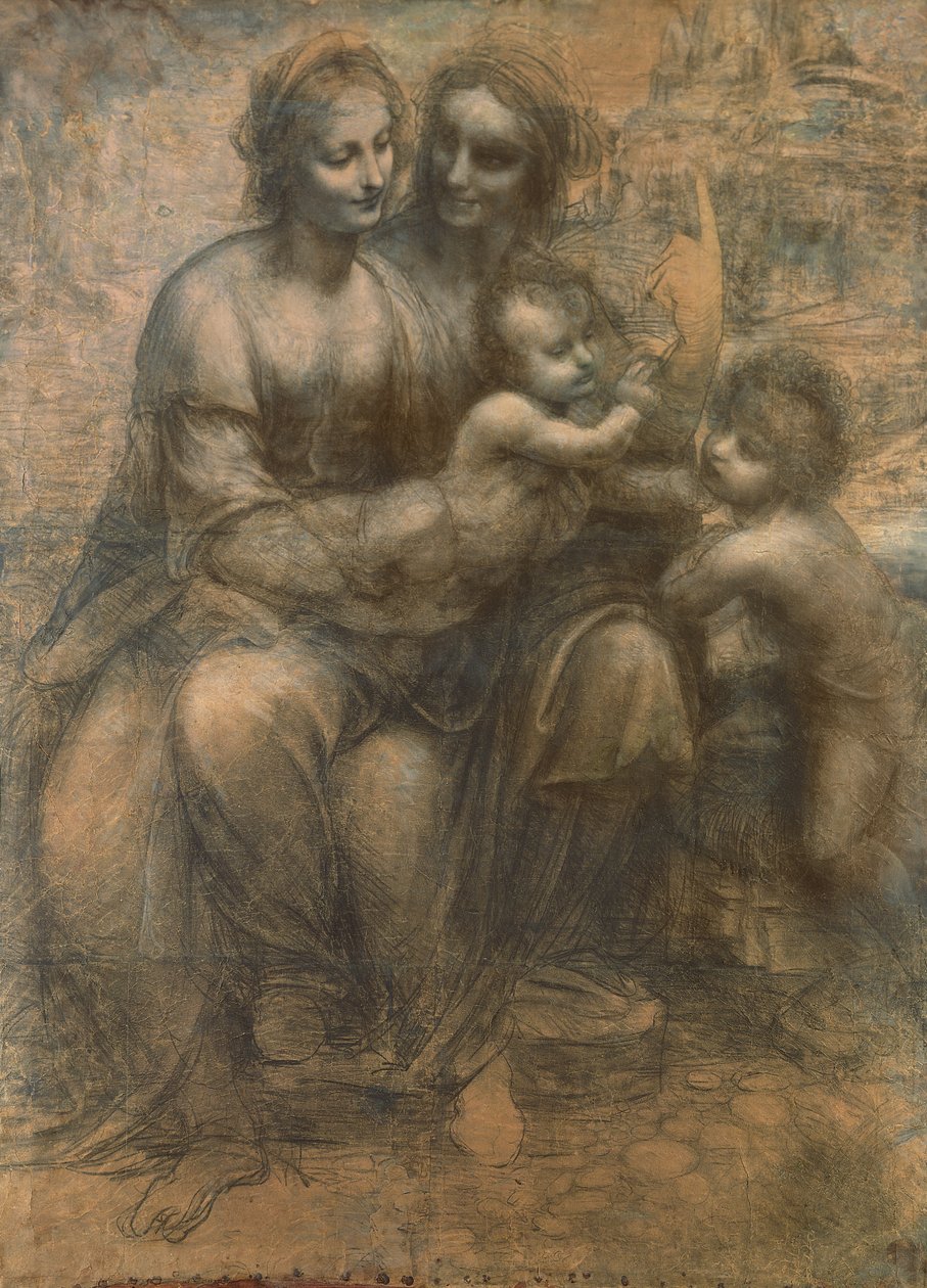 Panna s dítětem se svatou Annou a nemluvnětem Janem Křtitelem, kolem 1499-1500 (uhlem zvýrazněným bílou křídou na papíře, připevněno na plátně) od Leonardo da Vinci